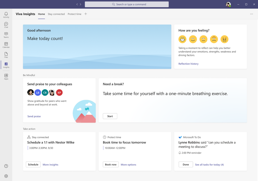 thumbnail image 2 of blog post titled 
	
	
	 
	
	
	
				
		
			
				
						
							Personal productivity and wellbeing - what's next with Microsoft Viva Insights
							
						
					
			
		
	
			
	
	
	
	
	
